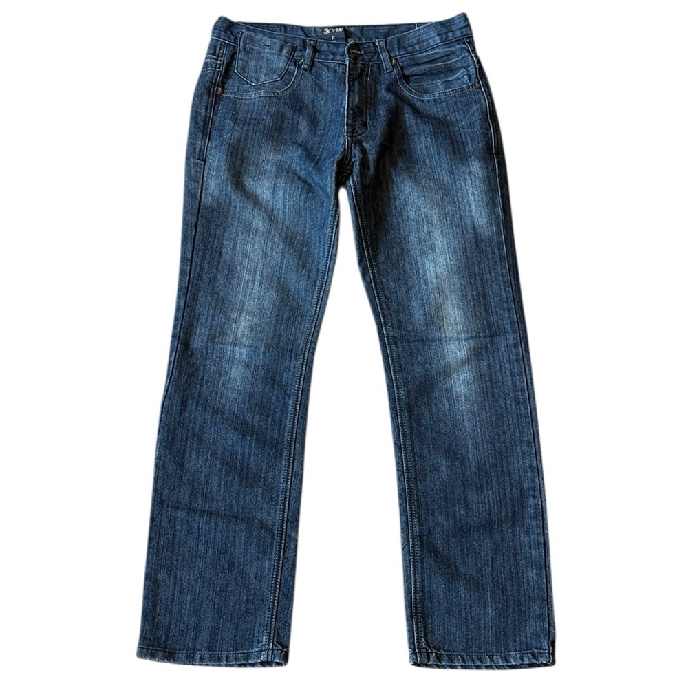 FUSAI Jeans Straight Leg Dark Blue Wash Thigh Fade Embroidered Pockets 32x30
